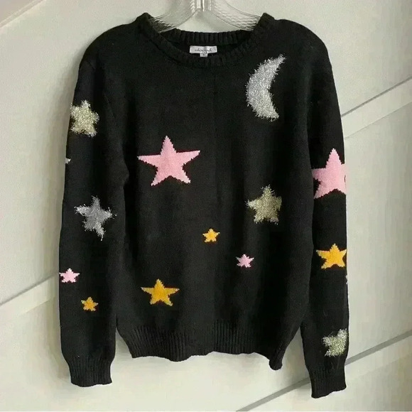 White Birch Celestial  Star Moon Multicolor Black Colorful Sweater size S - Picture 6 of 9